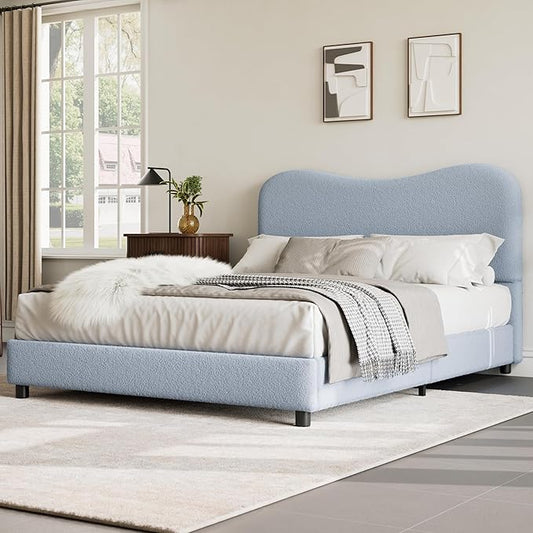 GarveeHome Boucle Queen Bed Frame with Upholstered Headboard, Soft Low Profile Sturdy Platform Bed with Rounded Corners Design, Heavy Duty, Wooden Slats, Noise Free, No Box Spring Needed, Blue