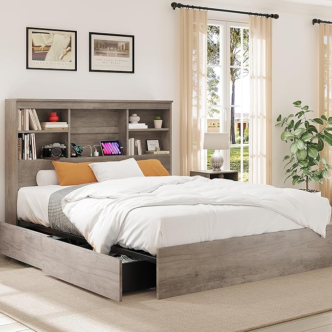 GarveeHome Queen Size Bed Frame with High Storage Bookcase Headboard, Wood Bed Frame with 4 Storage Drawers, Built in Charging Station, No Box Spring Needed, Metal Frame, Noise-Free, Grey