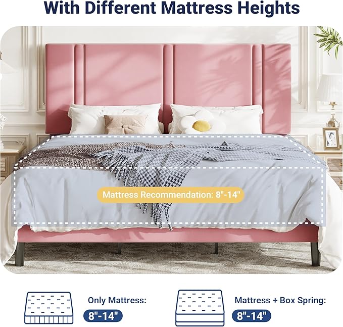 Allewie King Size Platform Bed Frame with Adjustable Headboard, Plush Velvet Upholstered, Vertical Channel Tufted, Sturdy Wooden Slats, No Box Spring Needed, Easy Assembly, Pink
