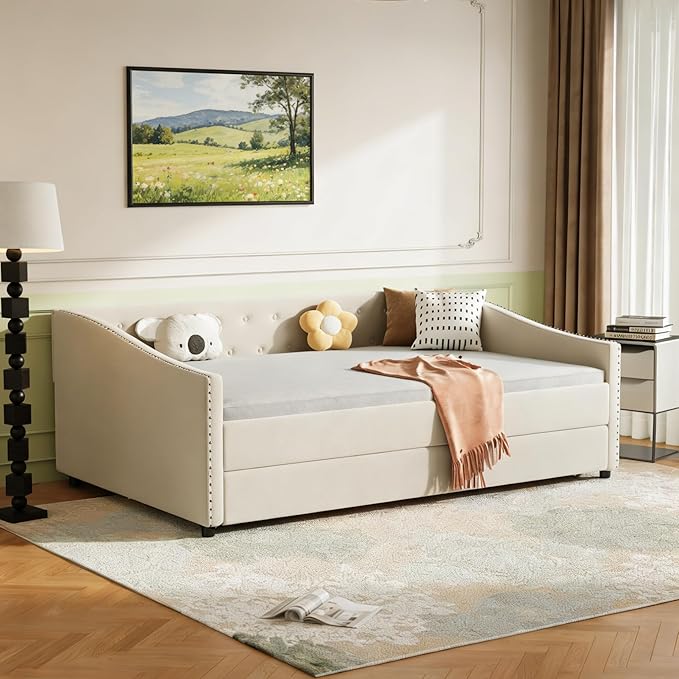 Upholstered Daybed with Trundle, Full Size Day Bed w/Button-Tufted Back and Piping on Waved-Shape Arms for Bedroom or Guest Room, No Box Spring Required,Beige