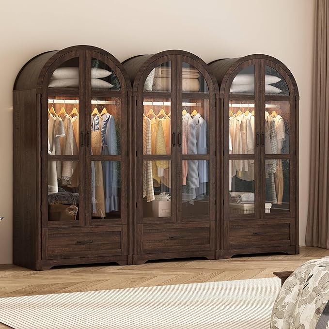 chartustriable 2 Doors Arched Armoire Wardrobe Closet w/Drawers,LED Light,Wooden Closet Wardrobe Cabinet with Hanging Rod for Bedroom,Modern Armoire Storage Cabinet w/Shelf,Rustic Brown