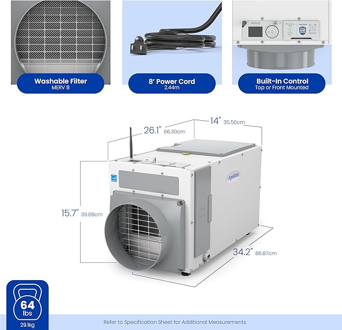 AprilAire E100W Smart Wi-Fi Whole-House Dehumidifier 100-Pint ENERGY STAR Commercial Dehumidifier for Basement, Crawl Space & Home up to 4,400 Sq.Ft. with Pump, Drain Hose, Hanging Kit, MERV 11 Filter