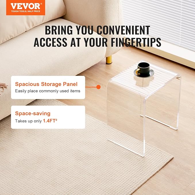 VEVOR Acrylic Side Table Set of 2, U- Shaped Coffee Table, Clear Acrylic End Table with Waterfall Edges for Drink, Food, Snack Used in Living Room & Bedroom
