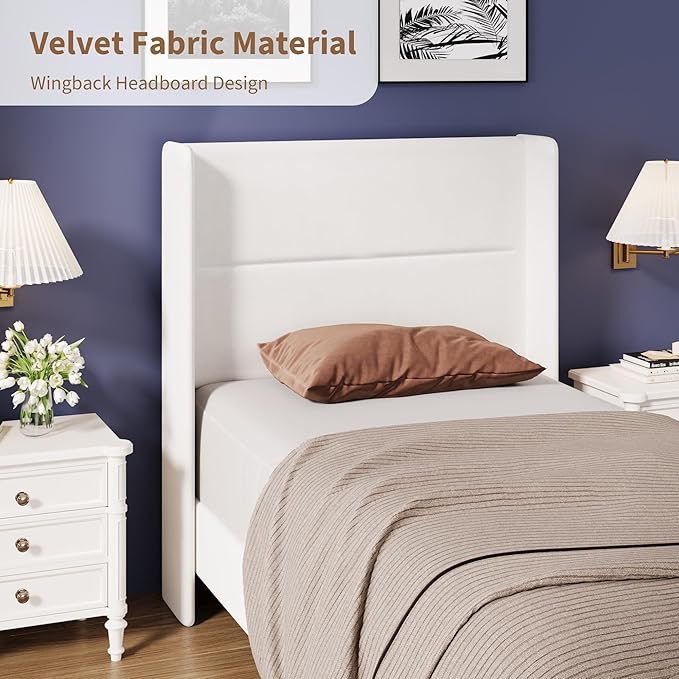 Garvee Twin Size Bed Frame with Wingback Headboard, Velvet Upholstered Platform Bedframe with Wood Slats, No Box Spring Needed, Easy Assembly, White