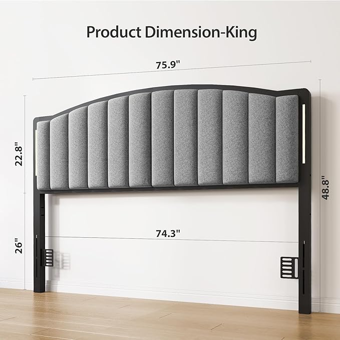 Headboard for King Size Bed with LED Lights, Upholstered Vertical Channel Tufting Head Boards, Linen Fabric Bed Headboard Only, Study & Comfortable, Ideal for Bedroom, Dorm, Guest Room, Grey