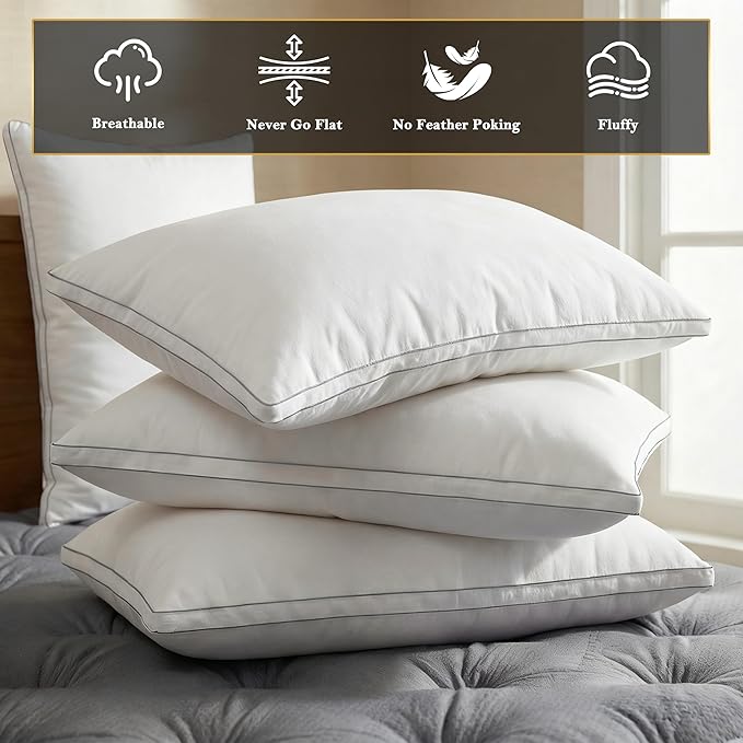 Feather Pillows Queen Size Set of 2 Goose Down Pillows with 100% Breathable Cotton Cover, Hotel Collection Bed Pillows for Sleeping, Soft Support for Back, Stomach and Side Sleepers
