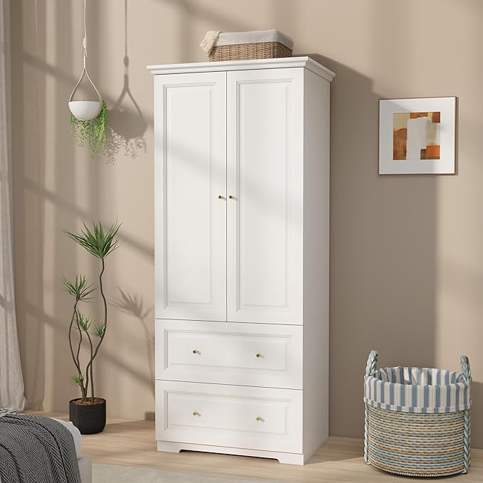 Bedroom Armoires Wardrobe Closet with 2 Doors: 74" White Wardrobe Cabinet with 2 Drawers, Modern Wood Closet for Hanging Clothes, Large Wardrobes Storage Closets (White, 31.4")