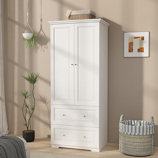 Bedroom Armoires Wardrobe Closet with 2 Doors: 74" White Wardrobe Cabinet with 2 Drawers, Modern Wood Closet for Hanging Clothes, Large Wardrobes Storage Closets (White, 31.4")