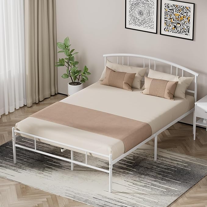 VECELO 14 inch Full Bed Frame White Beds Metal Platform Mattress Foundation with headboard Footboard Steel Slat Support/No Box Spring Needed/Easy Assembly