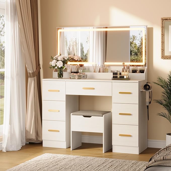 Garvee Vanity Desk with Large Mirror and Lights, 45.9 in Makeup Vanity Desk, 3 Lighting Modes Adjustable Brightness, Vanity Table with Power Outlet & 8 Drawers, for Powder Room and Bedroom