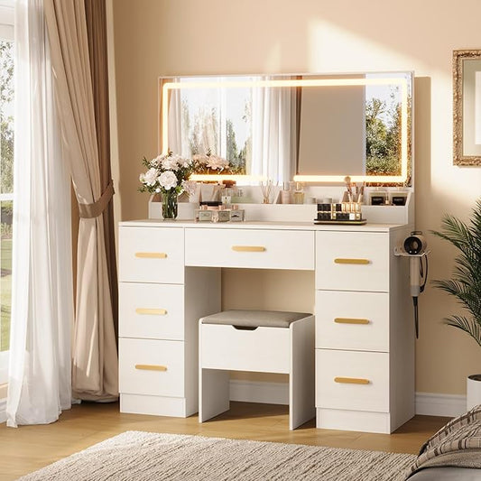 Garvee Vanity Desk with Large Mirror and Lights, 45.9 in Makeup Vanity Desk, 3 Lighting Modes Adjustable Brightness, Vanity Table with Power Outlet & 8 Drawers, for Powder Room and Bedroom