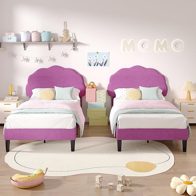VECELO 2 Set Twin Size Bed Frame, Upholstered Platform Bedframe with Height Adjustable Plush Fabric Headboard, Strong Wood Slat Supports, No Box Spring Needed, Purple