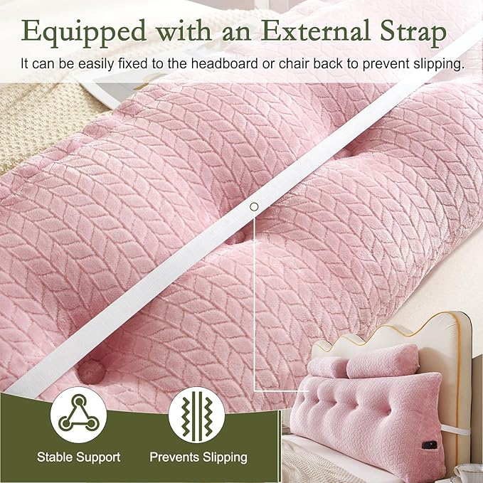 YOUR MOON Wedge Headboard Pillow Queen Size, Triangular Wedge Backrest Pillow with 1 Pack Neck Roll Pillows, Headboard Pillow for Bed,Daybed,and Lounging, Large Bed Bolster Pillows,Pink