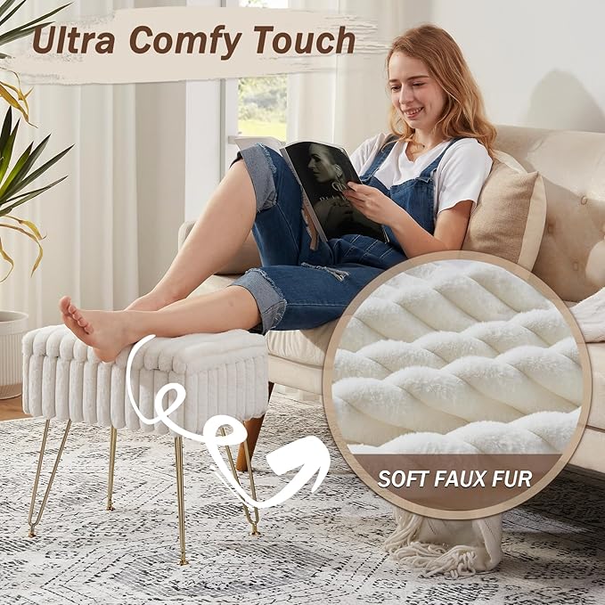 EBENCHICO Vanity Stool Chair with Storage, Faux Fur Stools for Vanity Makeup, Foot Stool Ottoman with 4 Metal Legs, Small Vanity Bench Seat Chairs for Living Room Bedroom