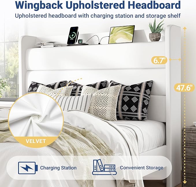 Allewie Queen Size Upholstered Bed Frame with Charging Station & Storage Headboard, Soft Velvet Wingback Platform Bed, Strong Wooden Slats Support, No Box Spring Needed, Easy Assembly, White