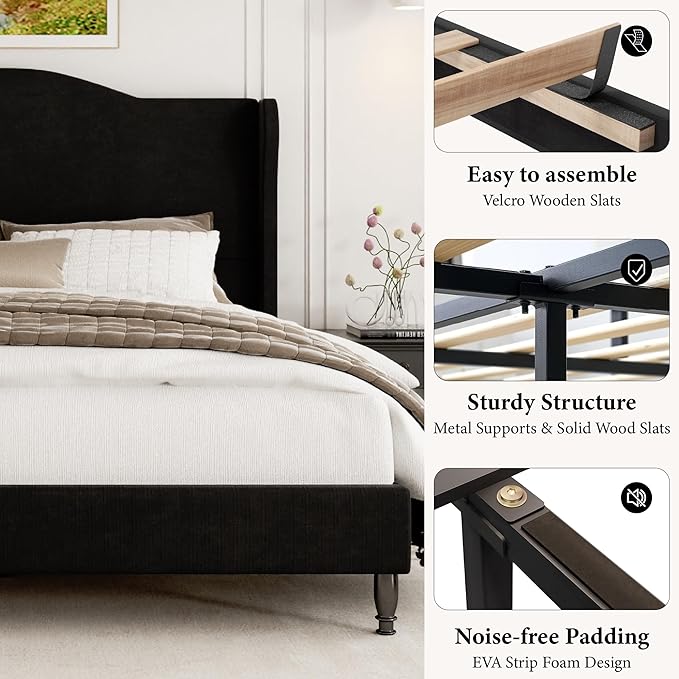 Queen Size Bed Frame with Wingback Headboard, Upholstered Velvet Platform Bed Frame Easy Assemnly, Heavy Duty Wooden Slats Support, Noise-Free, No Box Spring Needed, Minimalist Style, Black