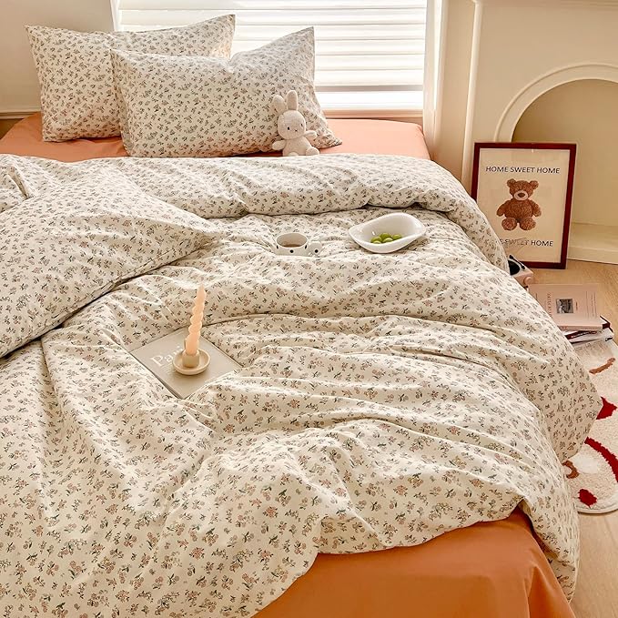 mixinni Boho Floral Girls Duvet Cover Set King Size Soft Cotton Comforter Cover Set Farmhouse Shabby Chic Flower Duver Cover for Women, 1 Cute Floral Duver Cover and 2 Pillowcases for All Seasons
