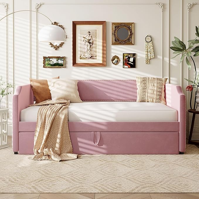 Merax Multifunctional Upholstered Extending Daybed with Trundle Twin to King, Velvet Sofa Bed with Wood Slats, No Box Spring Needed Pink