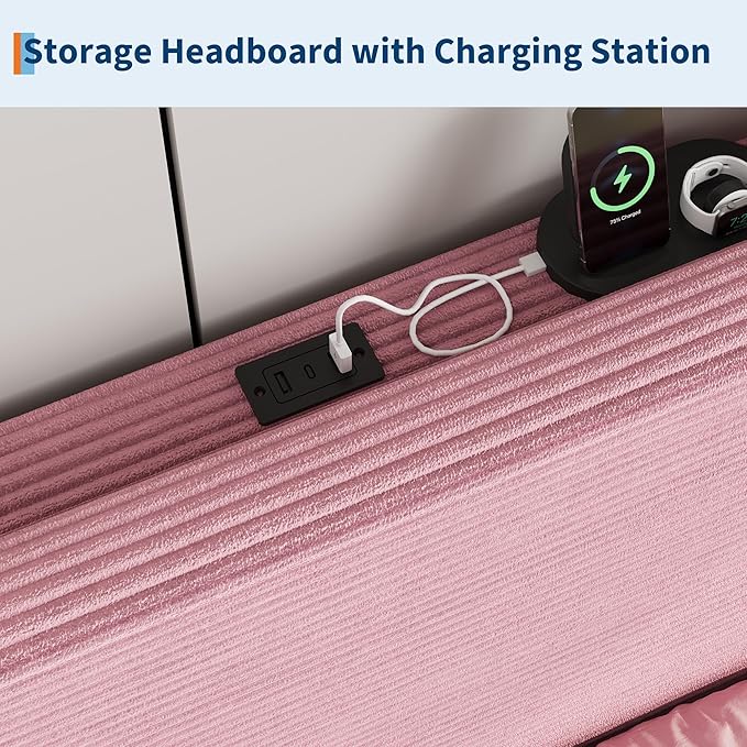 IDEALHOUSE Twin Size Bed Frame, Platform Bed with Adjustable Corduroy Upholstered Storage Headboard and Charging Station, Sturdy Metal Support, Noise Free, Easy Assembly, Pink