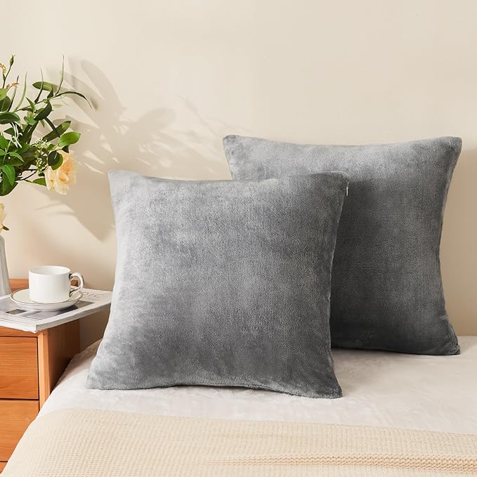 BEDELITE Velvet Pillow Covers 18x18 with Zipper, 2 Pack Super Soft Square Pillow Covers for Bedroom, Sofa, Couch,Luxury Cozy Fleece Pillowcases for All Seasons(18x18 Inches, Gray)