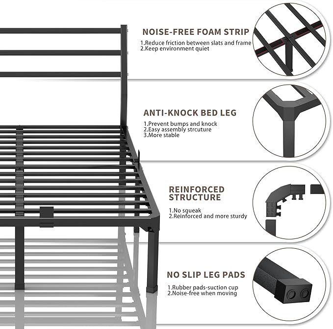 ROIL Queen Size Metal Bed Frame with Headboard, 14inch Black Heavy Duty Platform with Steel Slats Support and Mattress Stoppers, 3500LBS No Box Spring Needed, Easy Assembly Noise-Free