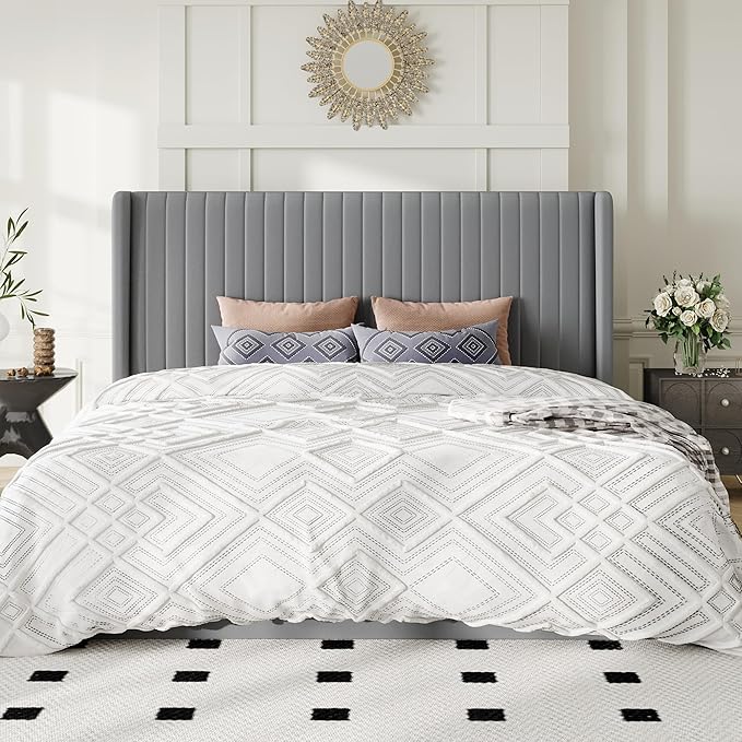 Allewie King Size Lift Up Storage Bed Frame, Hydraulic Support System, Upholstered Platform Bed Frame, Underneath Storage, Vertical Channel Tufted Headboard with Wingback, No Box Spring Needed, Grey