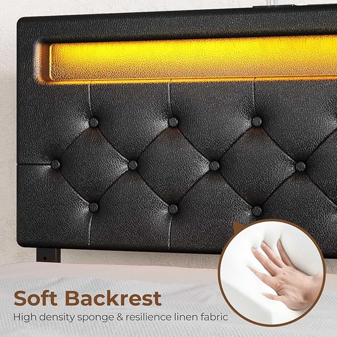Rolanstar Queen Bed Frame with 4 Drawers and Charging Station,Twin Bed with Led Lights, 2 USB and 1 Type C, Adjustable Upholstered Headboard 38.9/40.8 Inches, Sturdy, No Box Spring Needed, Pure Black