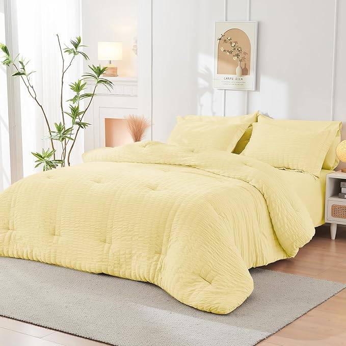 HYMOKEGE Yellow Twin Comforter Set Seersucker 5 Pieces, All Season Luxury Bed in a Bag for Bedroom, Bedding Set with Comforter, Sheets, Pillowcase & Sham