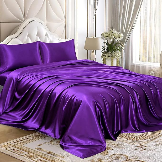 Homiest 4pcs Satin Sheets Set Luxury Silky Satin Bedding Set with Deep Pocket, 1 Fitted Sheet + 1 Flat Sheet + 2 Pillowcases (Cal King Size, Purple)