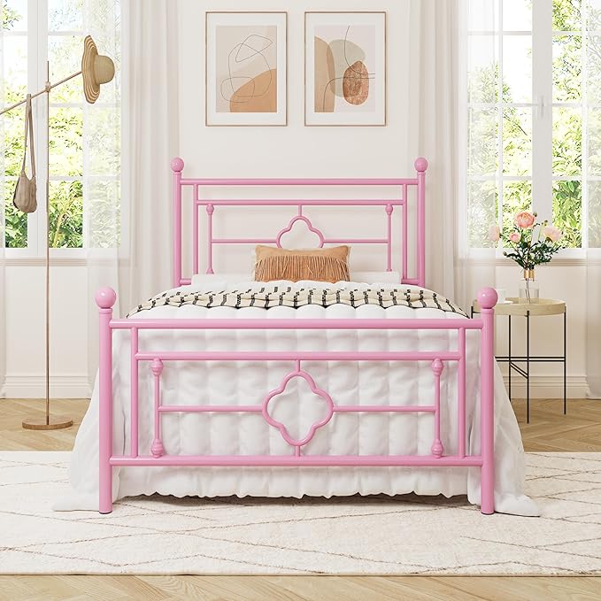 Allewie Twin Size Metal Platform Bed Frame with Victorian Vintage Headboard and Footboard/Mattress Foundation/Under Bed Storage/No Box Spring Needed/Noise-Free/Easy Assembly, Pink