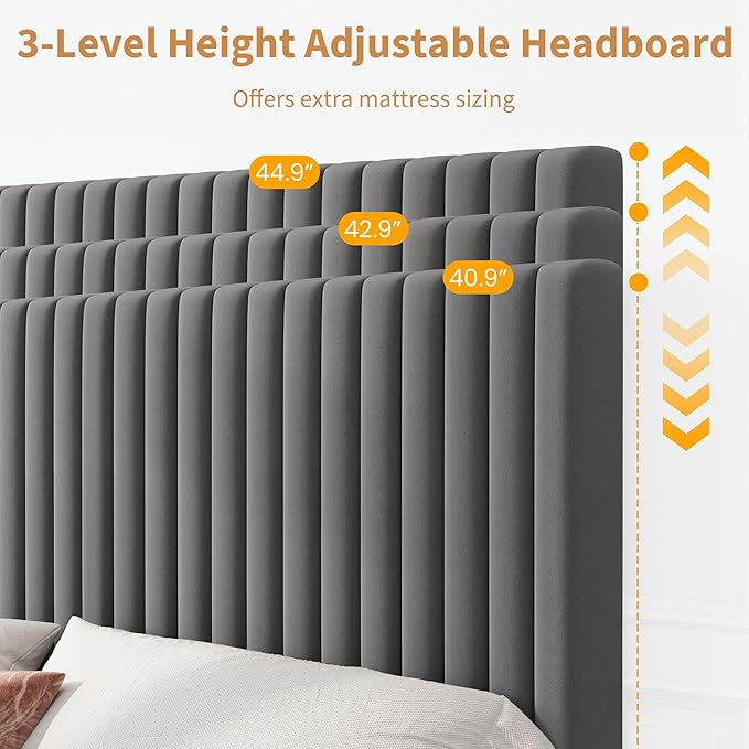 GAOMON Queen Bed Frame with Adjustable Headboard, Velvet Upholstered Platform Queen Size Bed Frame, Vertical Channel Tufted, Strong Wooden Slats, No Box Spring Needed, Easy Assembly, Grey