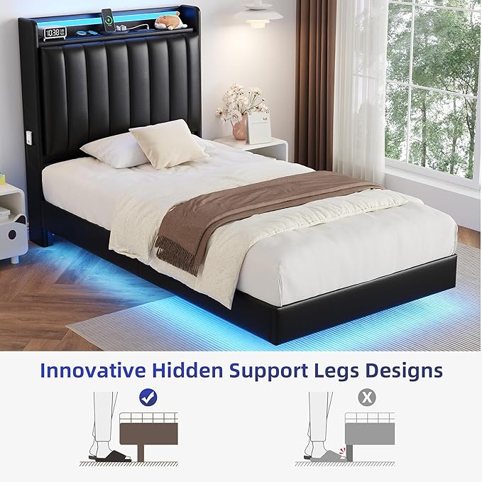 Twin Size Floating Bed Frame with Ergonomic Hidden Storage Headboard and LED Light,Visual Floating Bed Frame with Charing Station,Leather Upholstered Platform Bed for Kids/Boys/Girls,Heavy Duty,Black