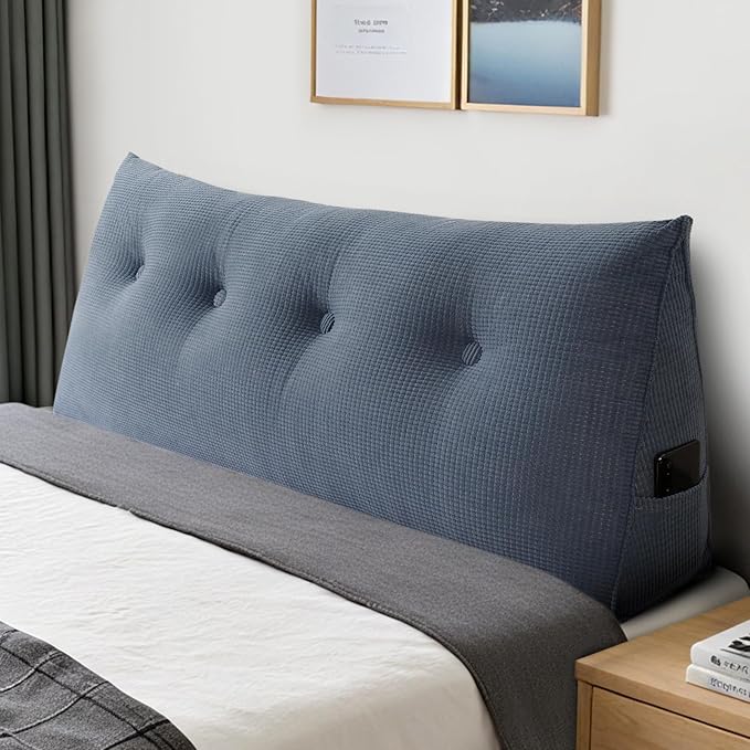 Huatean Home Soft Headboard Pillow Full Size, Wall Backrest Wedge Pillow Headboard Full, Reading Backboard Pillows, Large Dorm Daybed Bolster Pillows for Back Support with Removable Cover, Blue