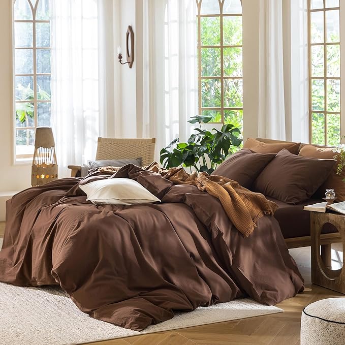 MooMee Bedding Duvet Cover Set 100% Washed Cotton Linen Like Textured Breathable Durable Soft Comfy (Solid Cocoa Brown, Super King 108"x98")