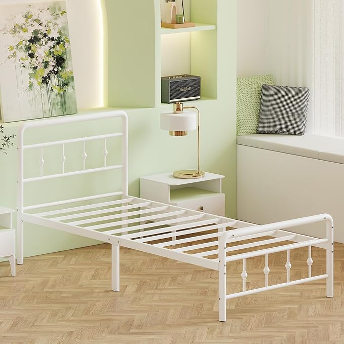 14 Inch White Twin Bed Frames with Victorian Headboard and Footboard, Heavy Duty Vintage Twin Bed Frame No Box Spring Needed, Metal Mattress Foundation, Easy Assembly