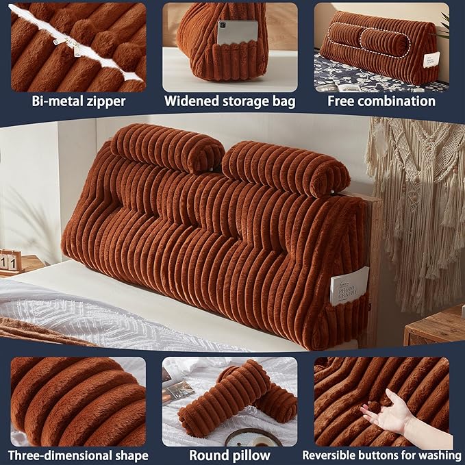 Rycwola Faux Fur Headboard Pillow with 2 Pack Neck Roll Pillow Large Headboard Pillow Soft and Supportive with Removable Cover (Brown, Queen)