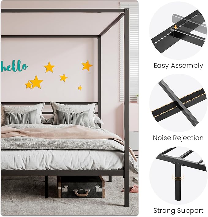 SHA CERLIN Canopy Bed Frame Full Size/Mattress Foundation with Metal Slats Support/No Box Spring Needed/Easy Assembly/Black