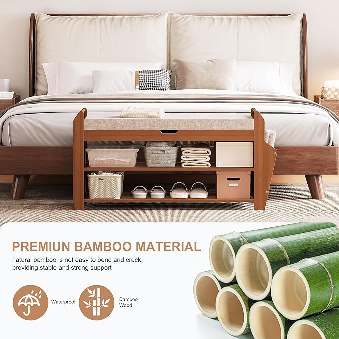 PETKABOO 31.5" Bamboo Shoe Rack Bench with Storage, 3-Tier Entryway Bench with Thick Cushion, Flip-Top & Side Baskets, Holds Up to 550 LBS for Hallway, Living Room, Bedroom