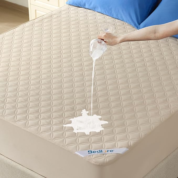 BEDLORE Waterproof Mattress Protector, Noiseless Twin Size Mattress Pad with Deep Pocket Fitted Up to 6-15 inches, Soft Breathable Dirt-Proof Single Bed Mattress Cover for Bedroom (Beige)