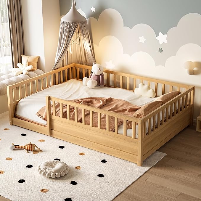 Bellemave Full Size Floor Bed with High Fence, Wood Montessori Bed with Slats and Guardrails, Full Size Montessori Floor Beds Frame for Kids, Girls, Boys, Natural