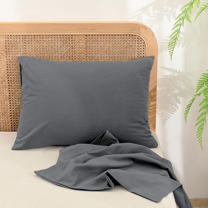 BESTOUCH 100% Washed Cotton Pillowcase for Hair and Skin Linen Feel Soft Comfortable Breathable 2 Set Pillow Case with Envelope Closure Solid Quiet Shade Grey King 20x36 Inches