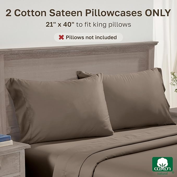 California Design Den Luxuriously Soft Premium 600 Thread Count, 100% Cotton King Size Pillowcases Set of 2, Crisp Fits King Size Pillows (Mushroom - Taupe Brown)