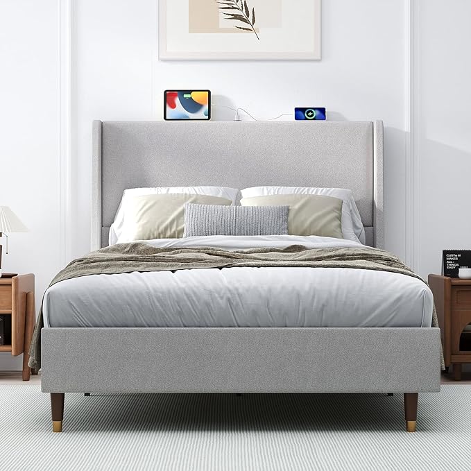 MALOL Full Size Bed Frame with Upholstered Headboard, Linen Fabric Platform Bed Frame with USB Charging Ports, No Box Spring Needed, Sturdy Metal Support, Noise Free, Modern Bedroom Furniture,Grey