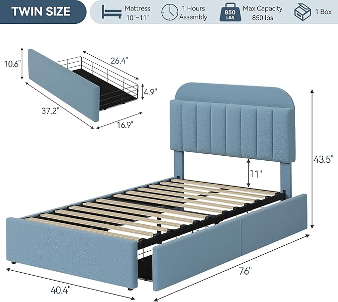 GarveeHome Twin Bed Frame with Storage Headboard, Kids Bed Frame with 2 Drawers, Boucle Upholstered Platform Bed with Bookcase, No Box Spring Needed, Easy Assembly, Blue