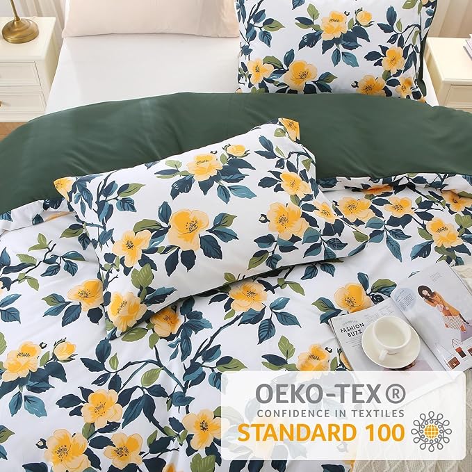 Duvet Cover King Size, Reversible Floral Vintage Duvet Cover Set with Zipper Closure, 3 Pieces Botanical Patterns Soft Microfiber Bedding Set (90"x104", 2 Pillow Cases 20"×36", Winter Jasmine Green)