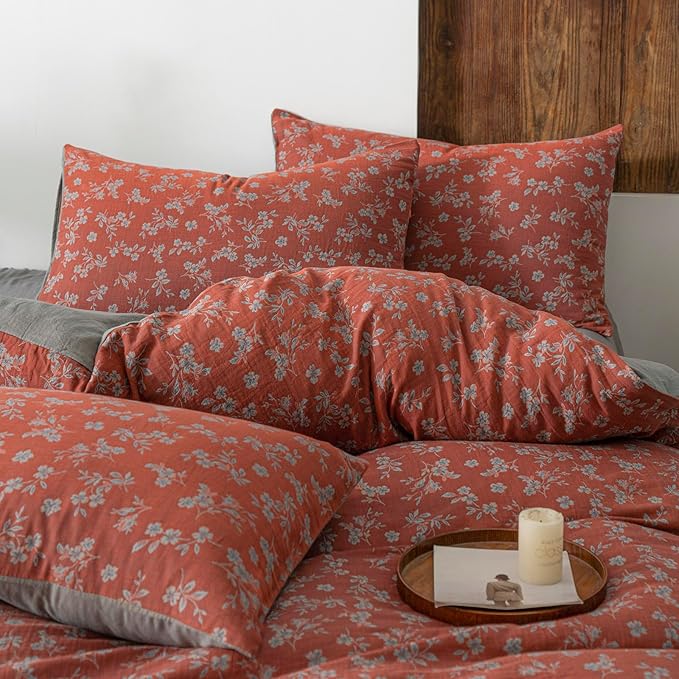 VM VOUGEMARKET Vintage Floral Duvet Cover Set King,Rust Red Double Layer Gauze Cotton Bedding, Soft Breathable Comforter Cover with Zipper Closure,3 Pieces