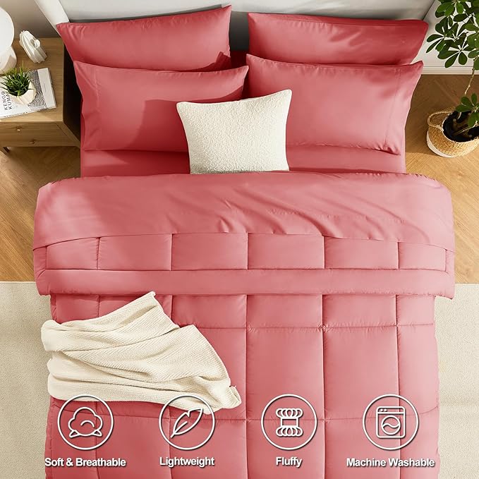 CozyLux Twin XL Comforter Set Coral, 5 Pieces Twin Extra Long Bed in a Bag for College Dorm, All Season Bedding Set with Stitch Quilted Comforter, Flat Sheet, Fitted Sheet, Pillowcases