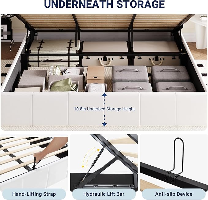 Allewie King Size Velvet Lift Up Storage Bed Frame, Vertical Channel Tufted Headboard, Hydrualic Underneath Storage, Upholstered Platform Bed, Wooden Slats Support, No Box Spring Needed, White