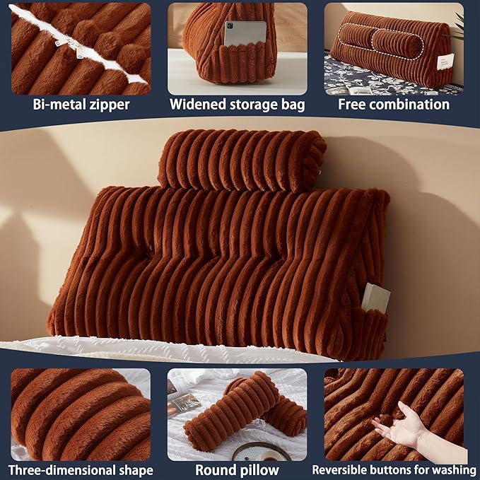 Rycwola Faux Fur Headboard Pillow with 1 Pack Neck Roll Pillow Large Headboard Pillow Soft and Supportive with Removable Cover (Brown, Twin)