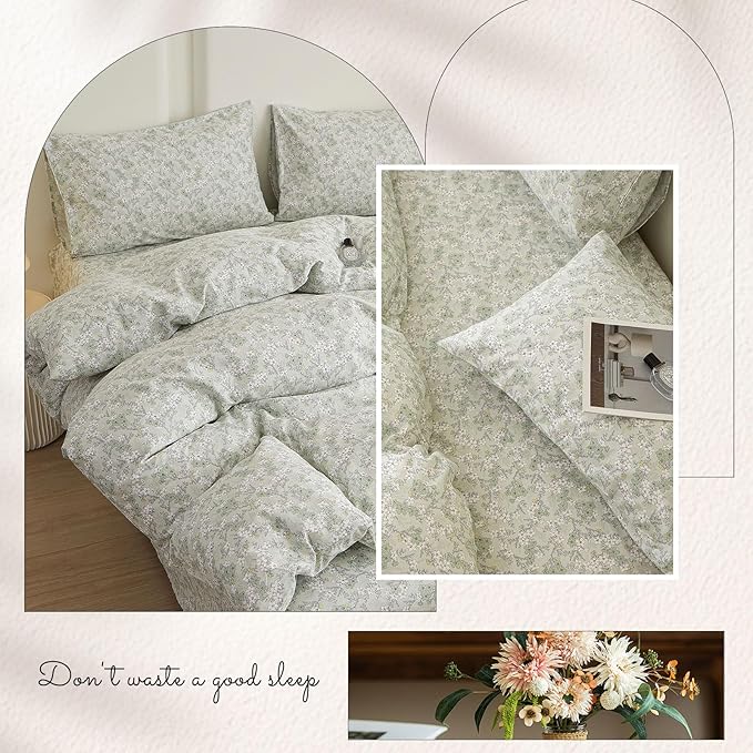 VM VOUGEMARKET Twin Duvet Cover Set with Green Flower Pattern,Pure Cotton Bedding Set Vintage Floral Prints Comforter Cover Conquette Cottagecore Bedding for Teen Girls